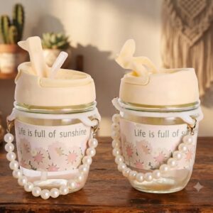 AR249  ( Pearl Handle Glass Sipper Bottle with Straw – Sunshine Floral Edition )