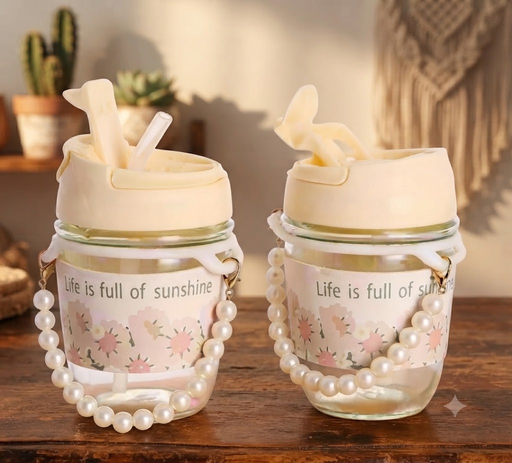 AR249 ( Pearl Handle Glass Sipper Bottle with Straw – Sunshine Floral Edition )
