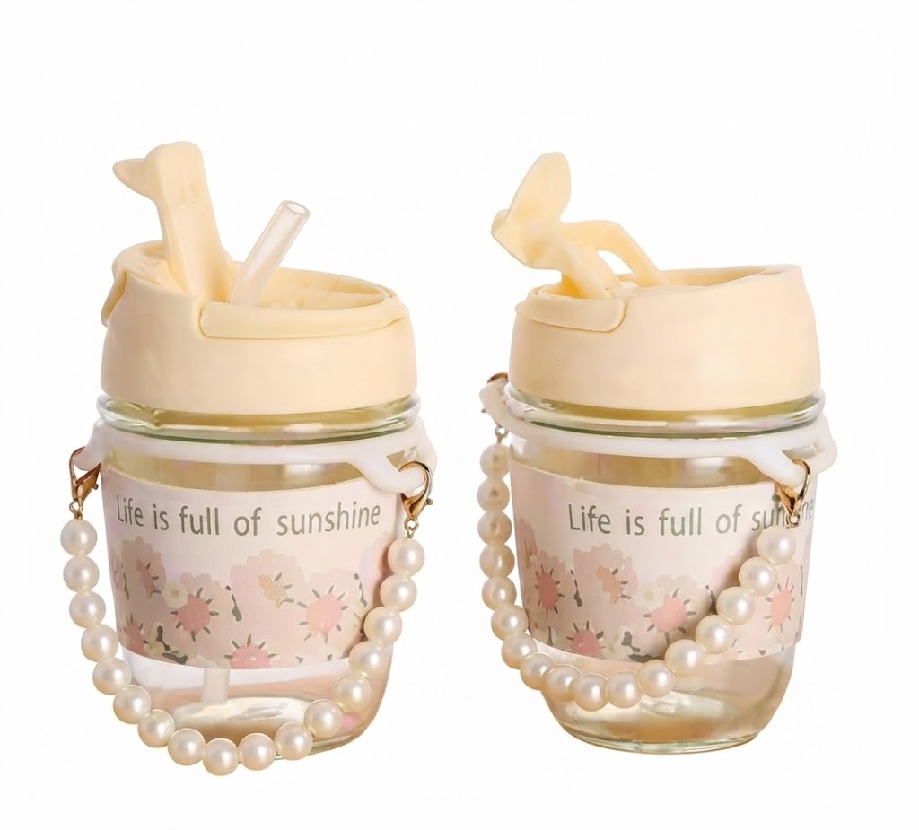 AR249 ( Pearl Handle Glass Sipper Bottle with Straw – Sunshine Floral Edition ) - Image 2