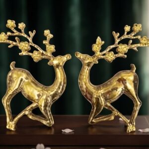 AR478 ( olden Twin Deer with Floral Antlers Decorative Showpiece on Wooden Base )