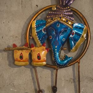 C-131 ( Handcrafted Lord Ganesha Metal Wall Key Holder with Dual Diyas & 3 Hooks )