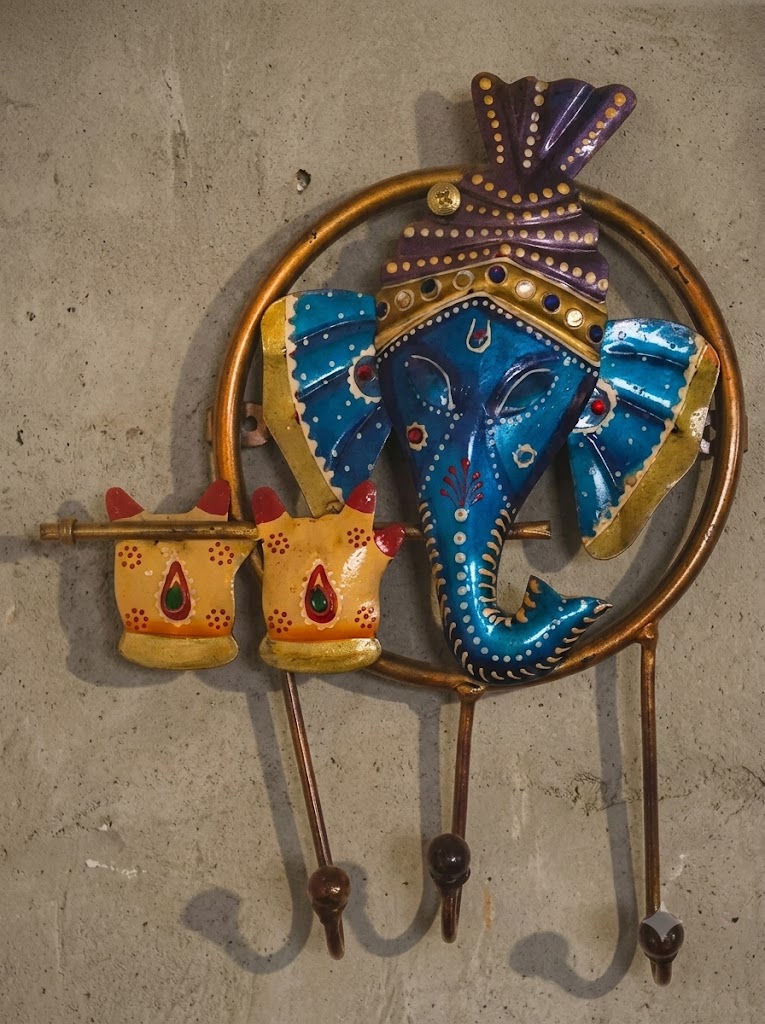C-131 ( Handcrafted Lord Ganesha Metal Wall Key Holder with Dual Diyas & 3 Hooks )