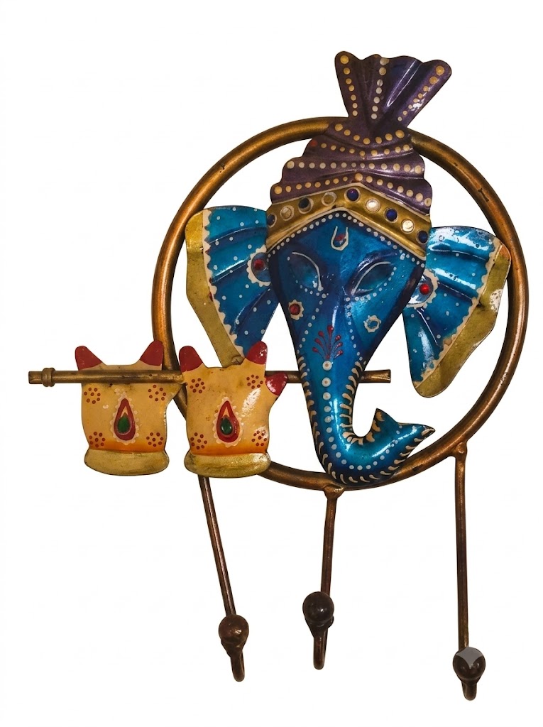 C-131 ( Handcrafted Lord Ganesha Metal Wall Key Holder with Dual Diyas & 3 Hooks ) - Image 2