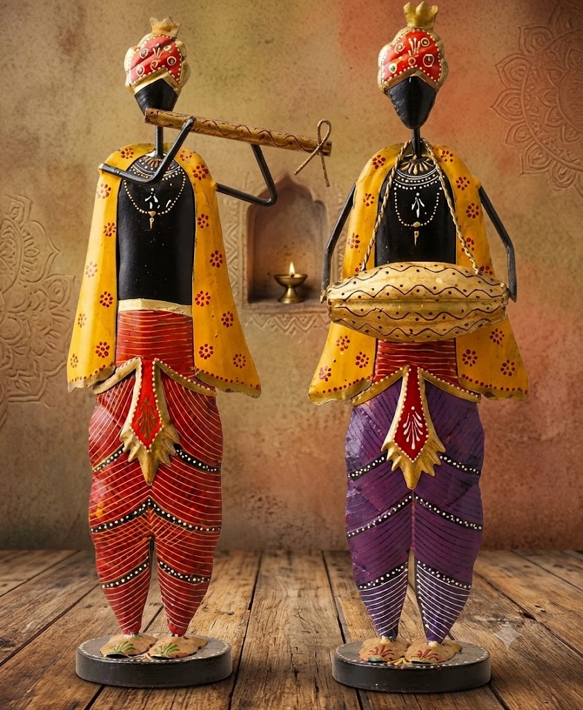 C-92 ( Handcrafted Rajasthani Musical Couple Metal Showpiece – Folk Artist Statue Set of 2 )