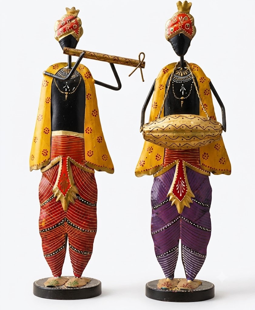C-92 ( Handcrafted Rajasthani Musical Couple Metal Showpiece – Folk Artist Statue Set of 2 ) - Image 2