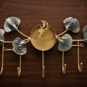 CW-225  ( Luxury Deer & Lotus Leaf Metal Wall Key Holder with 7 Hooks )