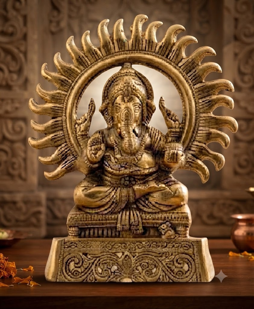 Ganesh ji Handcrafted Lord Ganesha Idol with Sun Halo