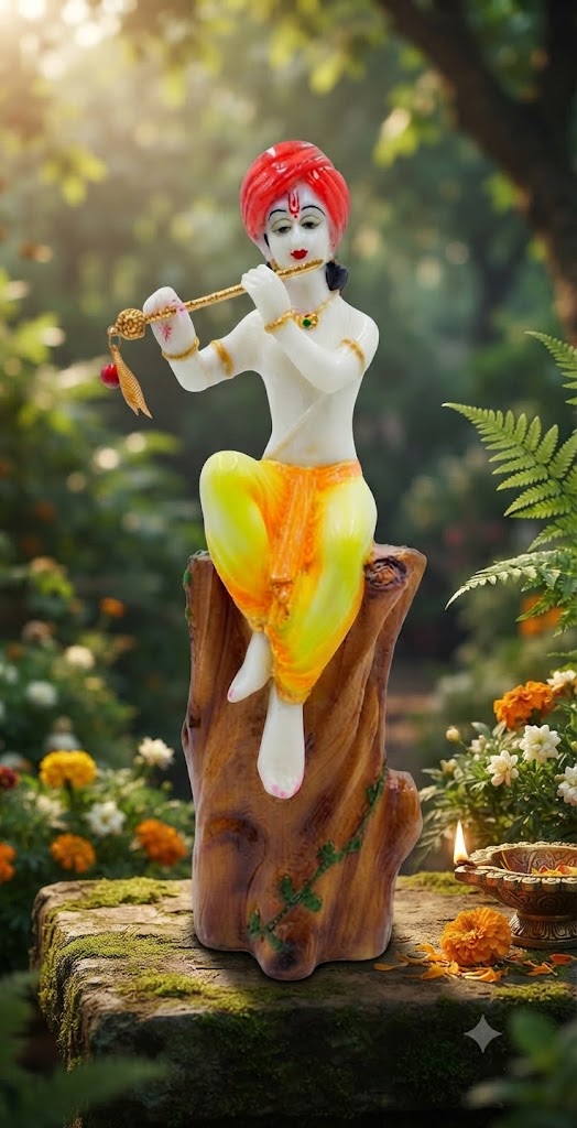 IM TREE KRSHINA ( Handcrafted Lord Krishna Playing Flute on Tree Stump )