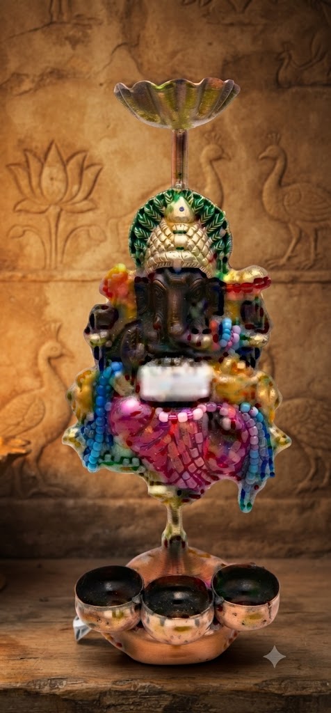 Handcrafted Lord Ganesha Metal Diya Stand with Triple Oil Lamps
