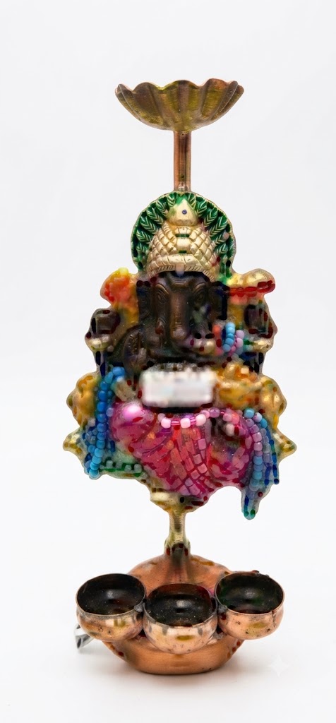 Handcrafted Lord Ganesha Metal Diya Stand with Triple Oil Lamps - Image 2