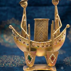 JP-1067 ( Golden Tribal Boat Pen Stand – Handcrafted Metal Desk Organizer )