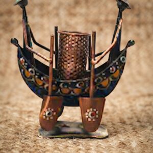 JP-1078 ( Antique Tribal Boat Metal Pen Stand – Handcrafted Desk Organizer )