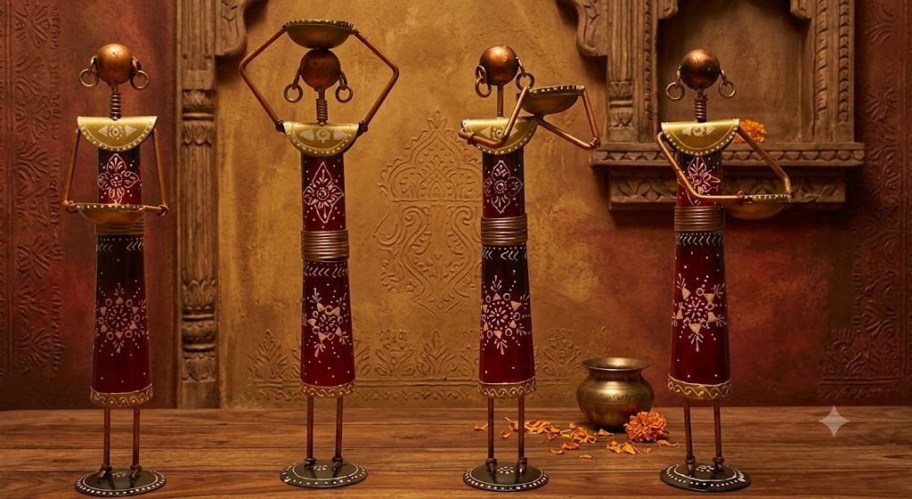 JP-360 ( Handcrafted Rajasthani Village Women Metal Figurine Set – Traditional Folk Art Décor (Set of 4) )