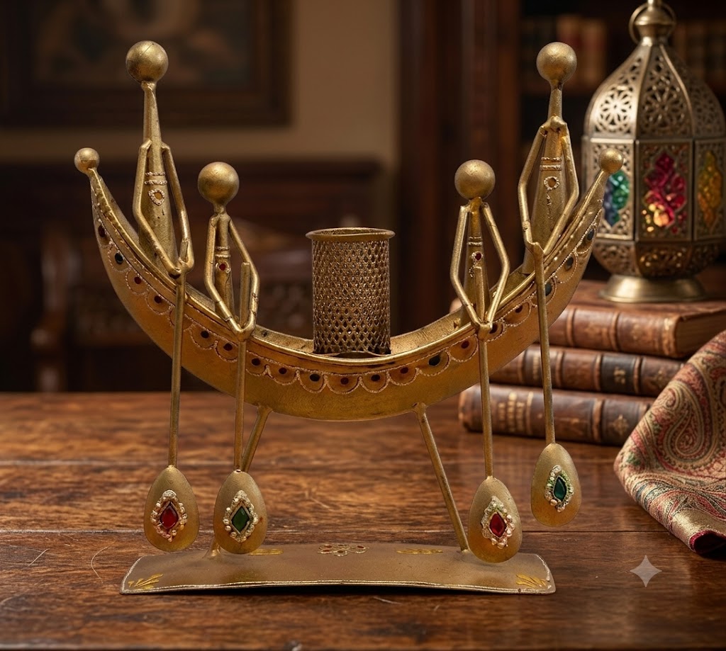JP-367 ( Handcrafted Golden Family Boat Metal Tea Light Holder – Decorative Showpiece )