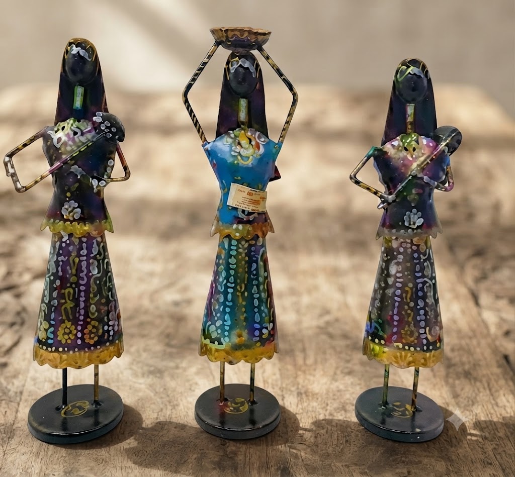 JP 4101 ( Handcrafted Rajasthani Village Women Metal Showpiece Set – Traditional Folk Art Figurines (Set of 3) )