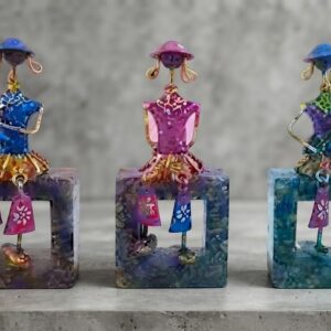 JP375 ( Handcrafted Musical Girl Metal Showpiece Set with Stone Base – Traditional Folk Art Décor (Set of 3) )