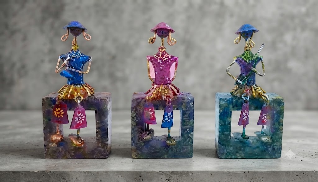 JP375 ( Handcrafted Musical Girl Metal Showpiece Set with Stone Base – Traditional Folk Art Décor (Set of 3) )