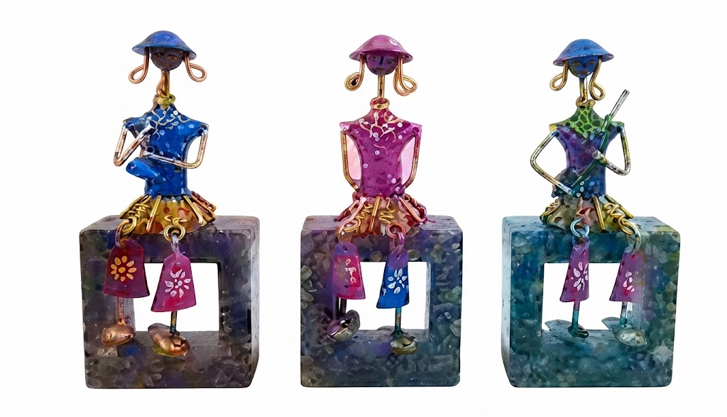 JP375 ( Handcrafted Musical Girl Metal Showpiece Set with Stone Base – Traditional Folk Art Décor (Set of 3) ) - Image 2
