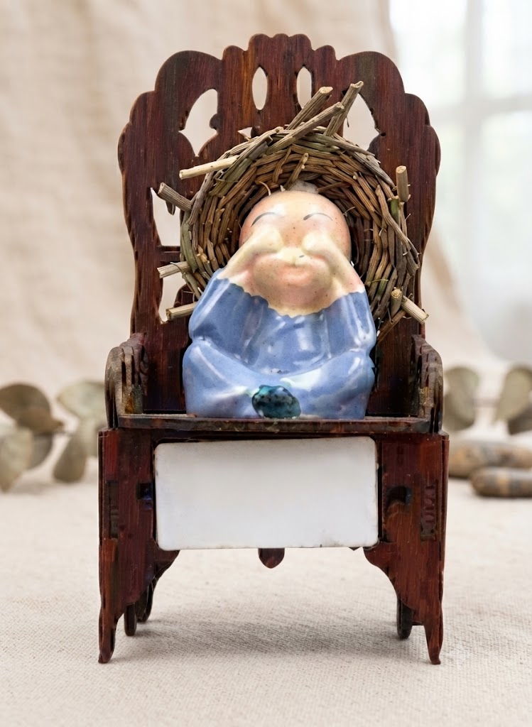 See No Evil Monk on Wooden Chair Showpiece