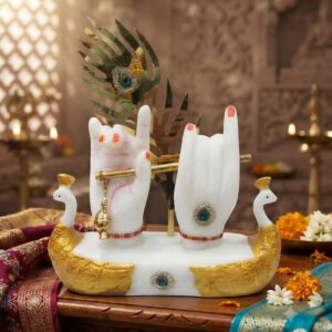 Handcrafted Marble Krishna Flute with Peacock Decorative Showpiece