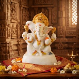 NO 638  ( Premium White Marble Finish Lord Ganesha Idol with Golden Crown & Stone Work )