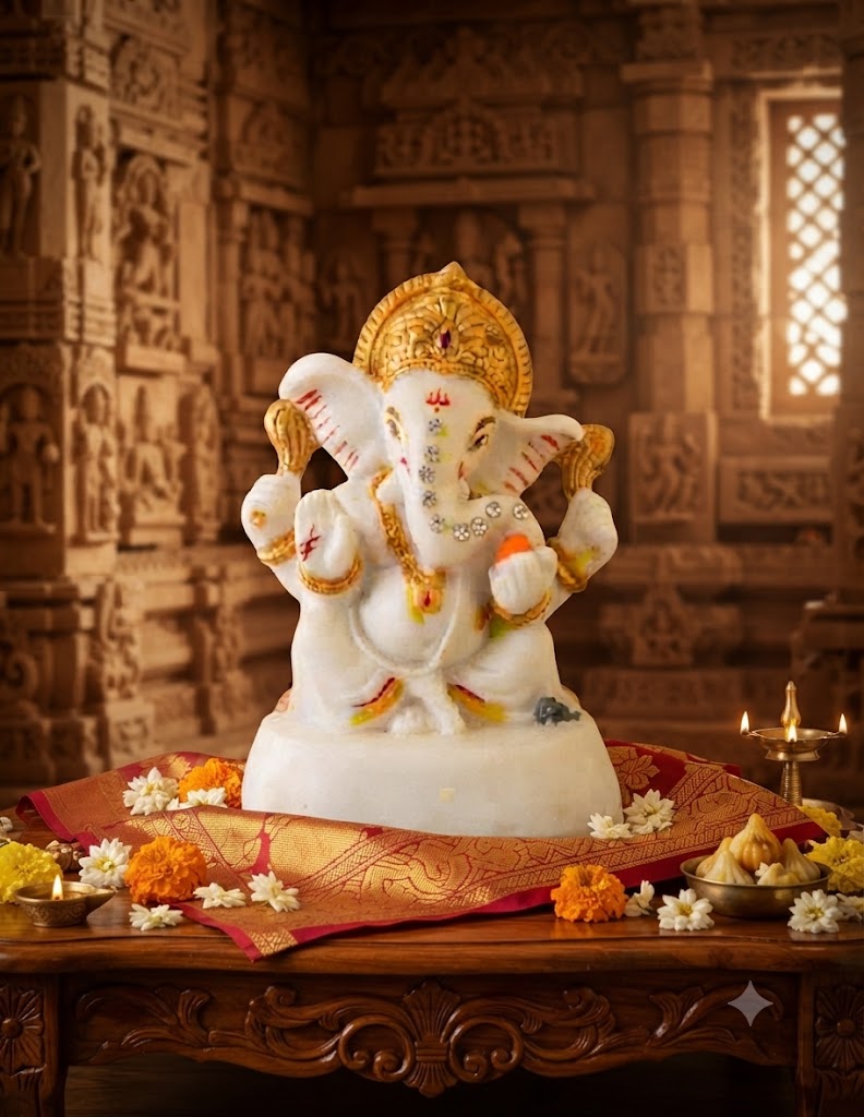 NO 638 ( Premium White Marble Finish Lord Ganesha Idol with Golden Crown & Stone Work )