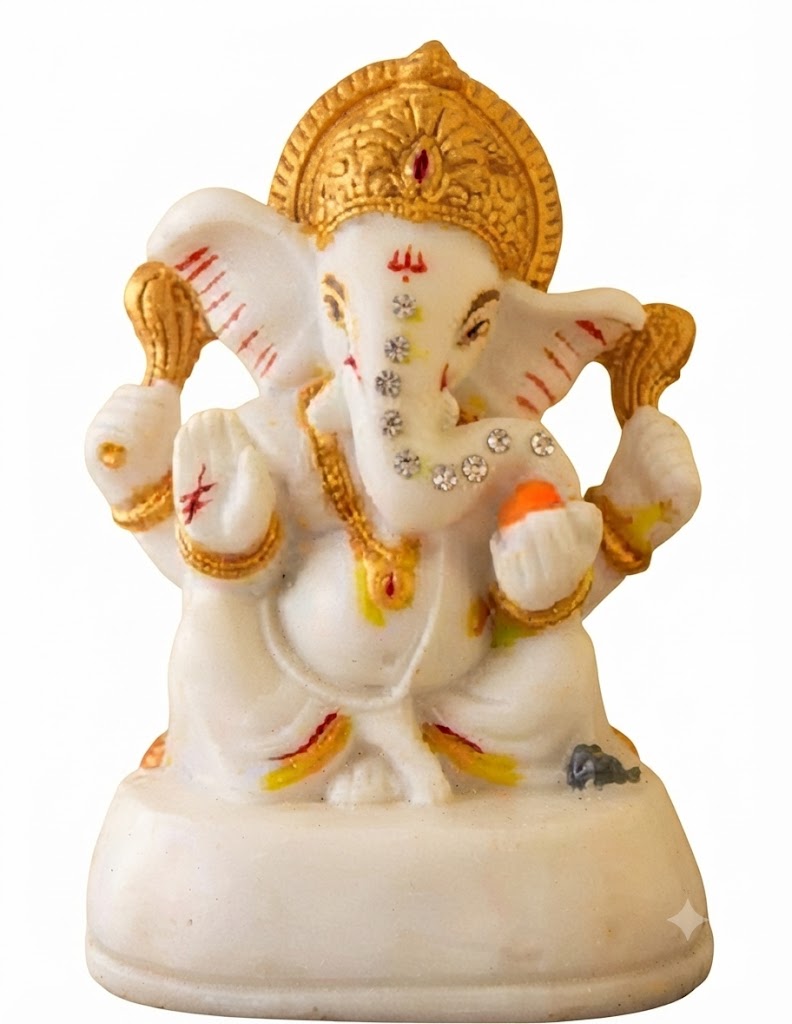 NO 638 ( Premium White Marble Finish Lord Ganesha Idol with Golden Crown & Stone Work ) - Image 2