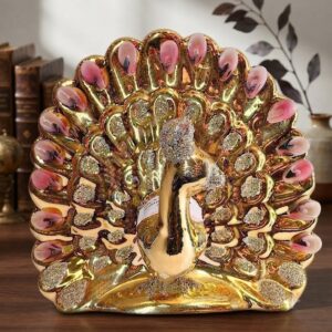 P J 5978 ( Golden Peacock Decorative Showpiece with Crystal Feather Accents )