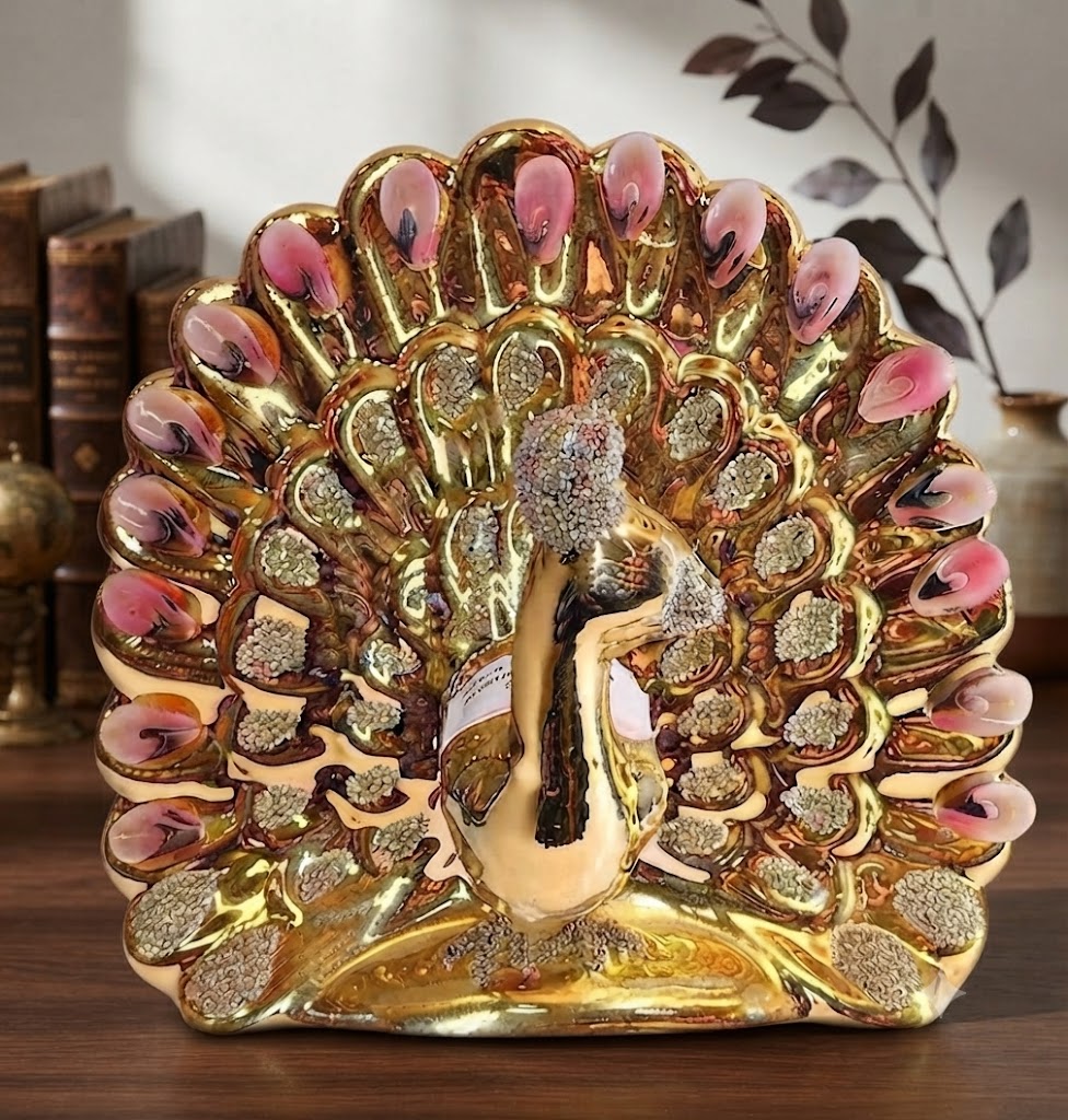 P J 5978 ( Golden Peacock Decorative Showpiece with Crystal Feather Accents )