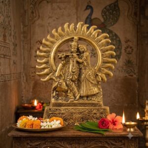 Premium Antique Gold Radha Krishna Statue with Sacred Cow & Sun Halo