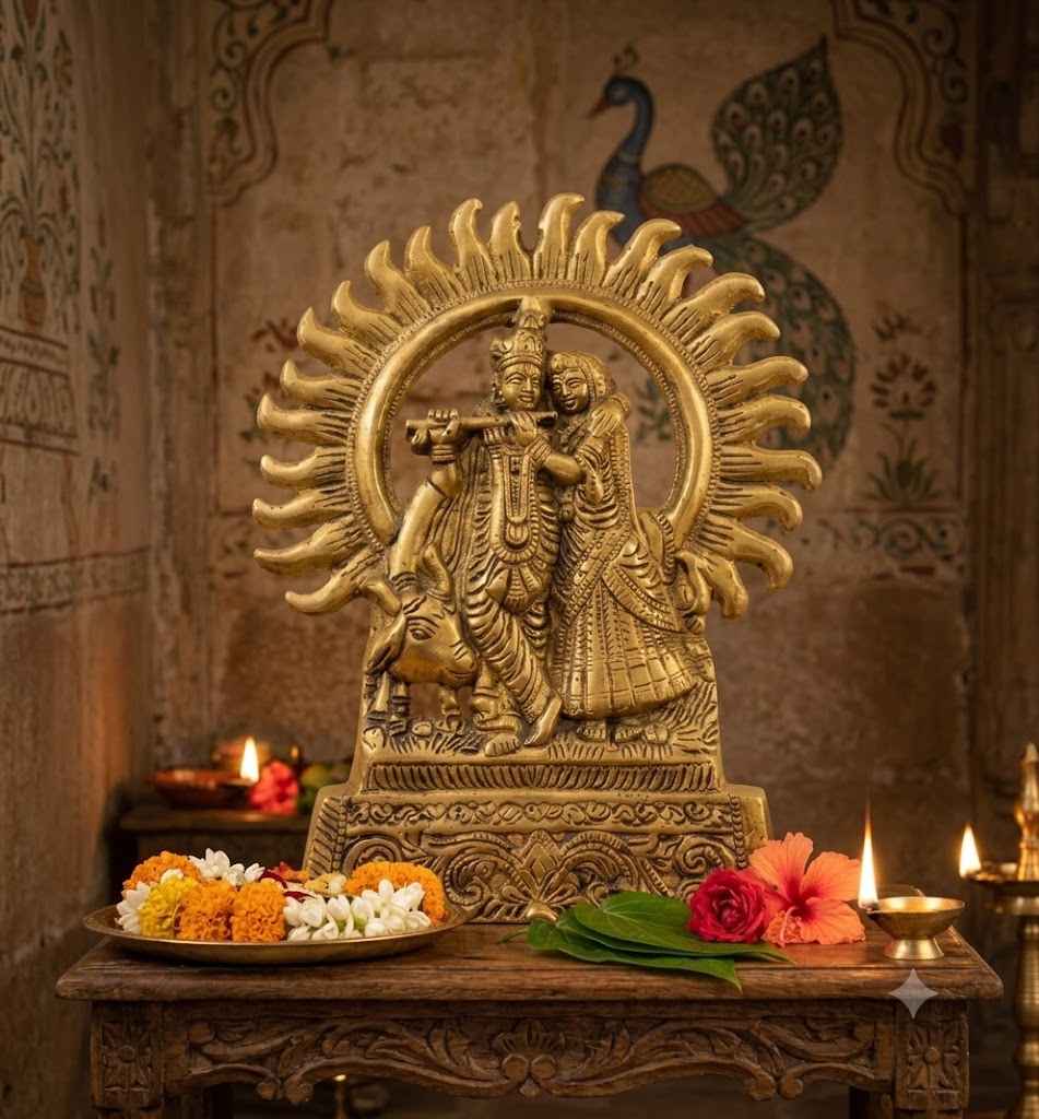 Premium Antique Gold Radha Krishna Statue with Sacred Cow & Sun Halo