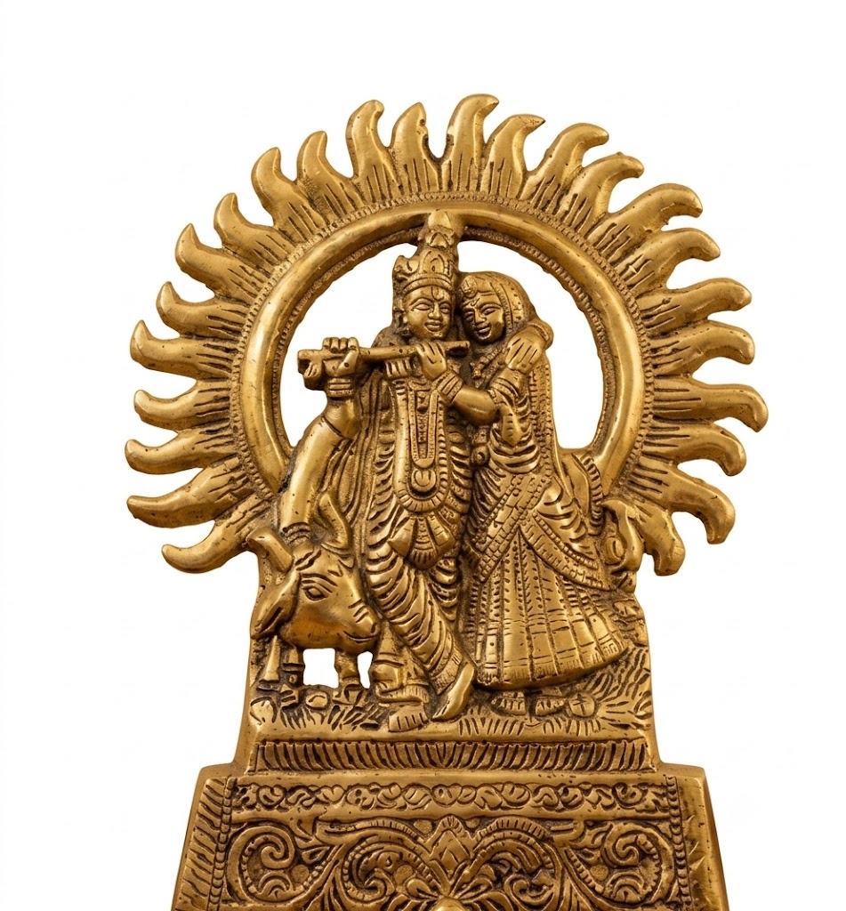 Premium Antique Gold Radha Krishna Statue with Sacred Cow & Sun Halo - Image 2
