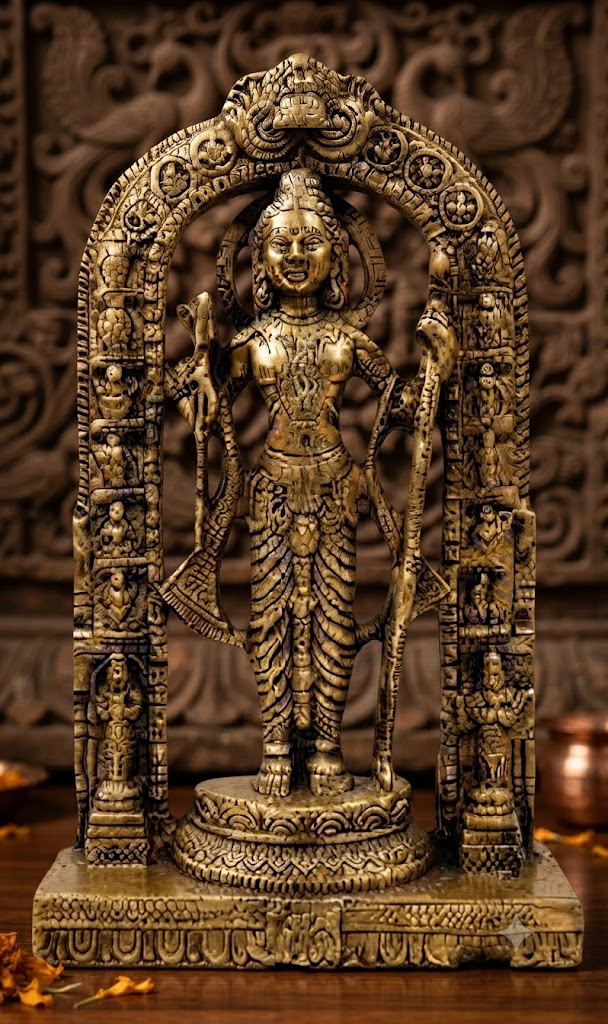 Premium Antique Gold Lord Ram (Ram Lalla) Idol with Ornamental Temple Arch