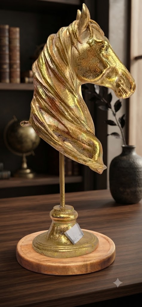 Elegant Golden Horse Head Sculpture on Wooden Base