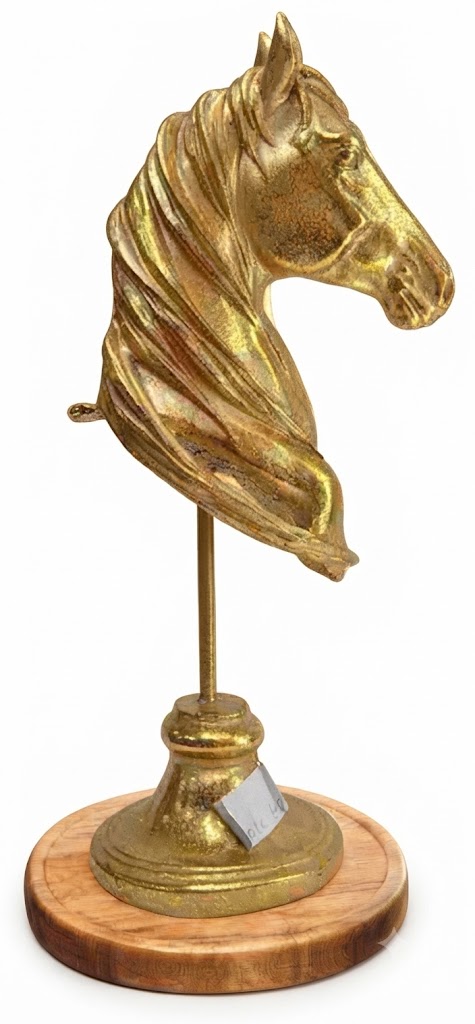 Elegant Golden Horse Head Sculpture on Wooden Base - Image 2