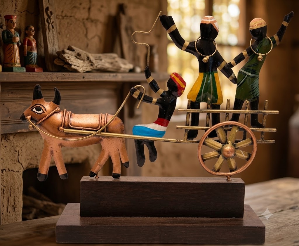 Handcrafted Metal Bullock Cart with Tribal Family Showpiece