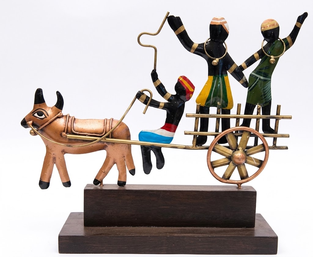 Handcrafted Metal Bullock Cart with Tribal Family Showpiece - Image 2