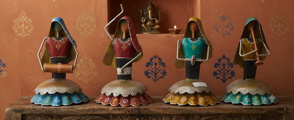 Handcrafted Tribal Women Musicians Metal Figurine Set – Folk Art Decorative Showpieces (Set of 4)