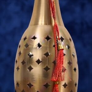 SA-1067 ( Antique Gold Perforated Metal Decorative Vase with Red Tassel Accent )