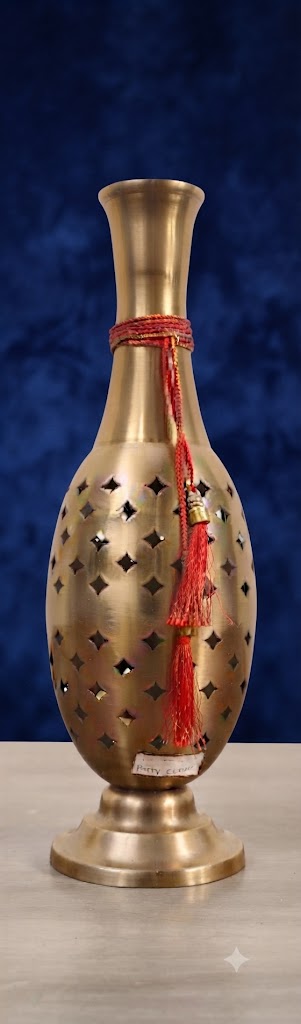 SA-1067 ( Antique Gold Perforated Metal Decorative Vase with Red Tassel Accent )