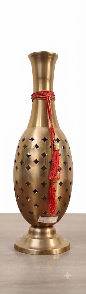SA-1067 ( Antique Gold Perforated Metal Decorative Vase with Red Tassel Accent ) - Image 2