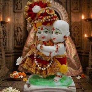 Handcrafted Marble Laddu Gopal & Balram Hugging Idol with Traditional Designer Dress