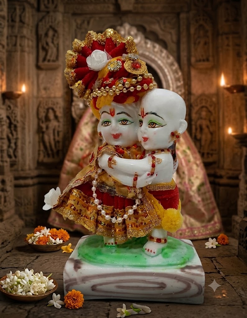 Handcrafted Marble Laddu Gopal & Balram Hugging Idol with Traditional Designer Dress
