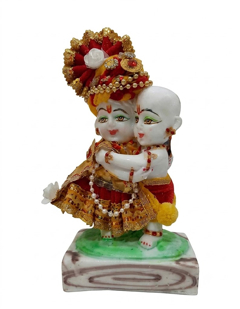 Handcrafted Marble Laddu Gopal & Balram Hugging Idol with Traditional Designer Dress - Image 2