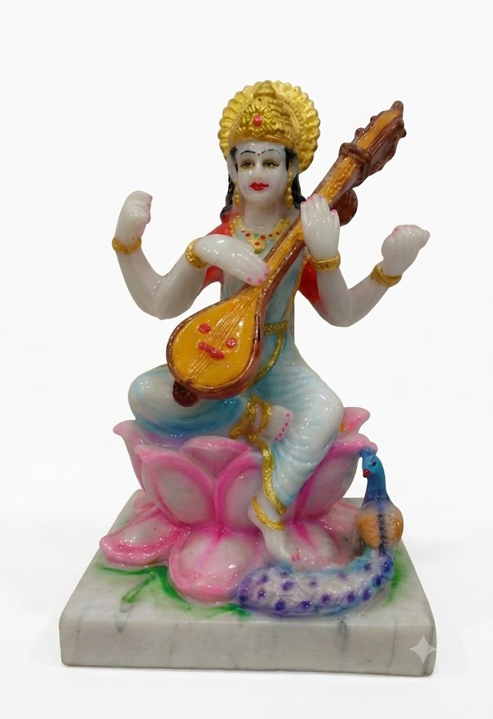 SLK sarswati ( Handcrafted Marble Goddess Saraswati Idol with Veena on Lotus Base ) - Image 2