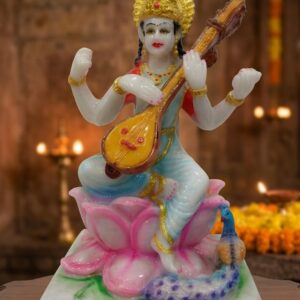 SLK sarswati ( Handcrafted Marble Goddess Saraswati Idol with Veena on Lotus Base )