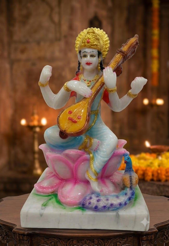 SLK sarswati ( Handcrafted Marble Goddess Saraswati Idol with Veena on Lotus Base )