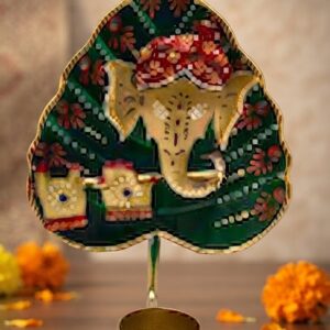 Sp-221 ( Handcrafted Lord Ganesha Metal Tealight Candle Holder with Leaf Design )