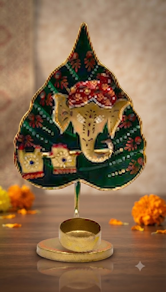 Sp-221 ( Handcrafted Lord Ganesha Metal Tealight Candle Holder with Leaf Design )