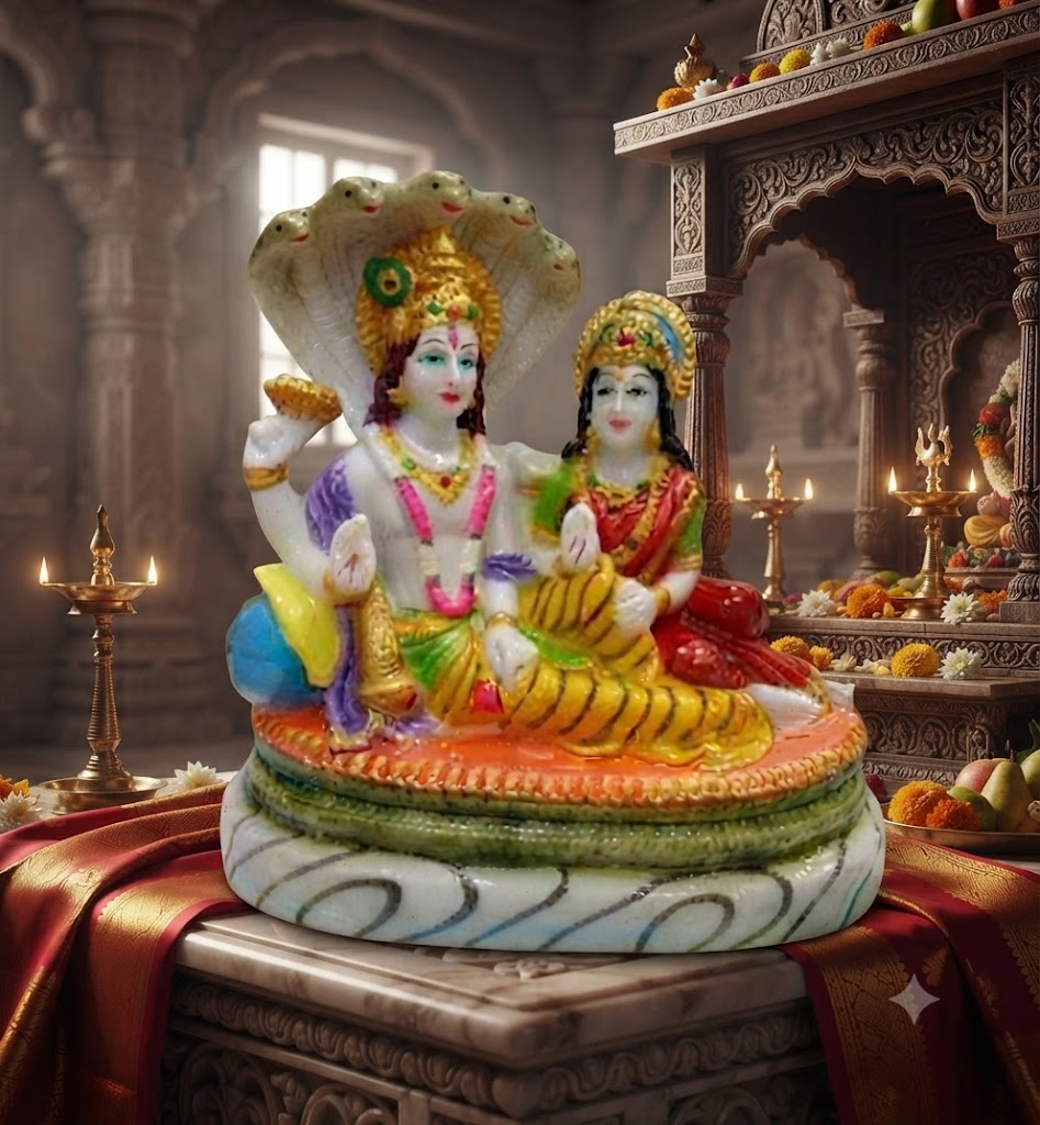 VZ21⁄2 NO ( Handcrafted Marble Lord Vishnu & Goddess Lakshmi on Sheshnag Idol )
